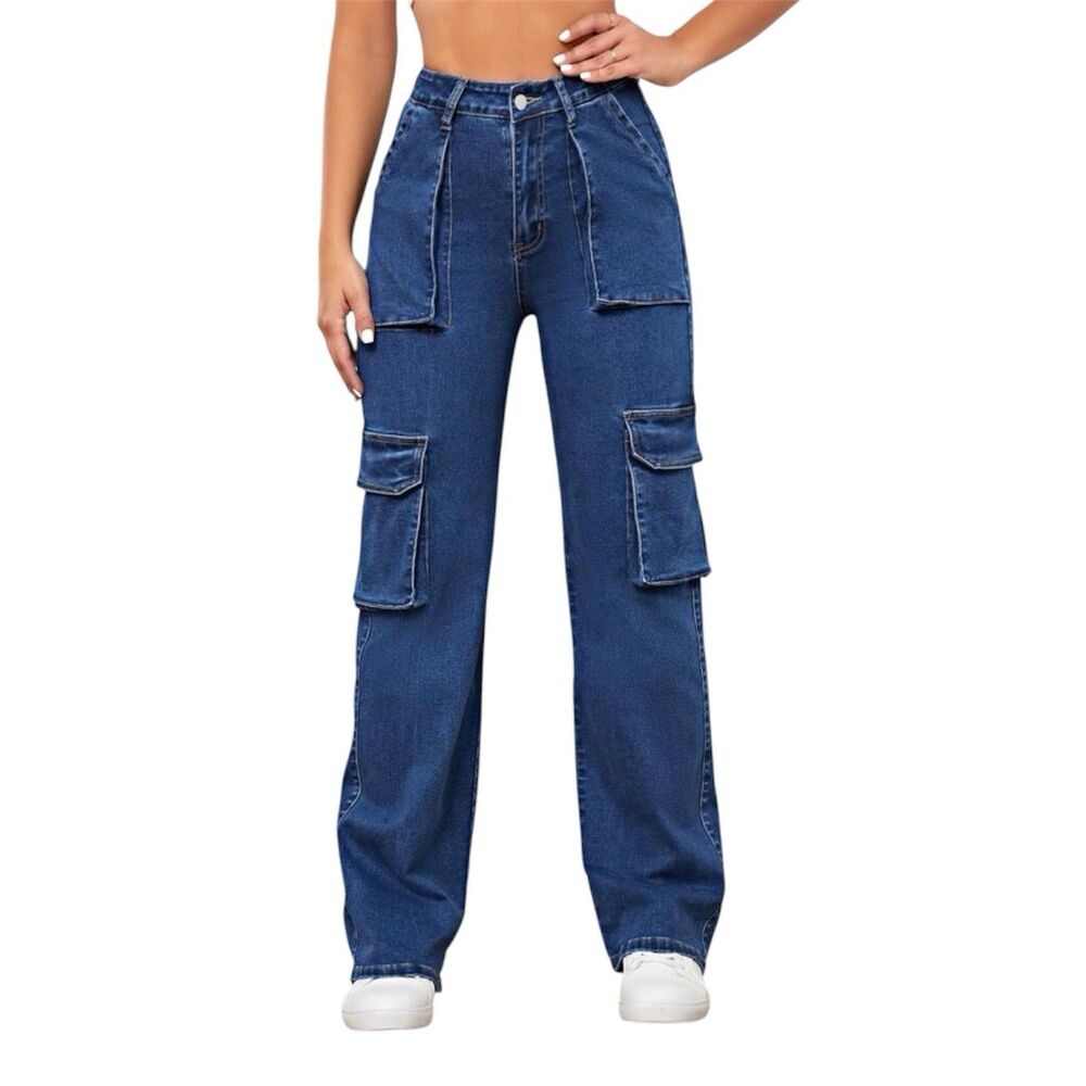 SHEIN SXY Jeans Women's Size 12 Blue High-Rise Cargo Straight Denim 32" Inseam